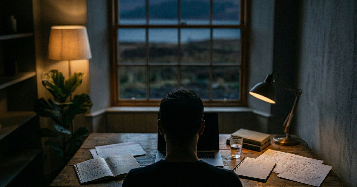 A figure at a desk surrounded by handwritten story notes, seen from behind in warm amber light